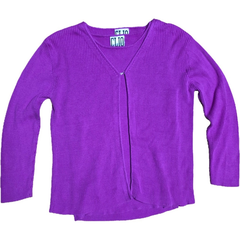 VTG CLIO Women's Purple Ribbed Silk‎ Blend V-Neck Cardigan & Tank 2pc Set Size M